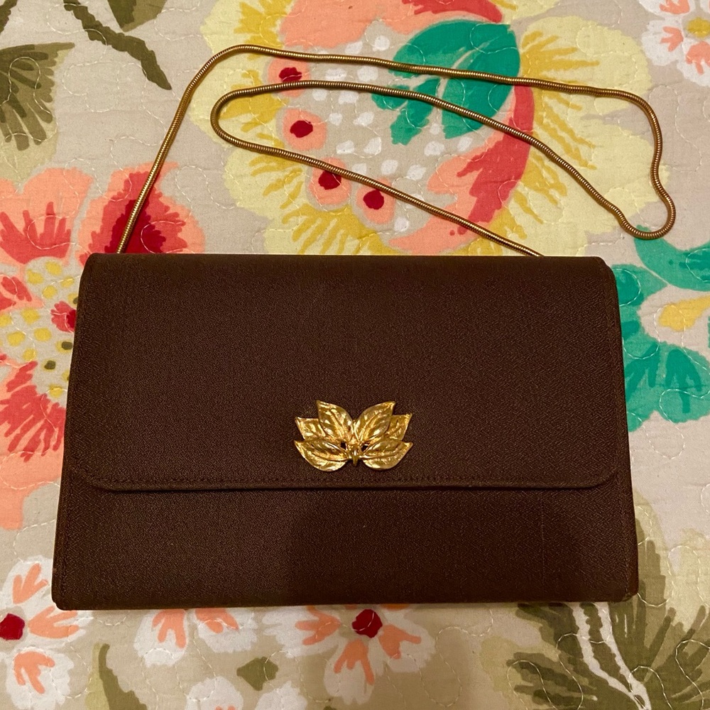 Vintage Chocolate Brown Evening Bag, Leaf Motif